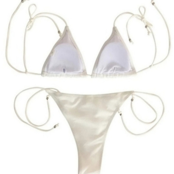 New White Ribbed Tie Shoulder Tie Side Triangle Bikini Set Swimsuit Size L - Picture 5 of 5